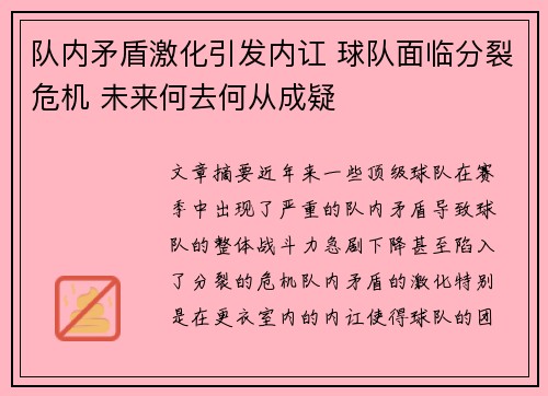 队内矛盾激化引发内讧 球队面临分裂危机 未来何去何从成疑