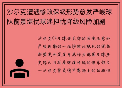 沙尔克遭遇惨败保级形势愈发严峻球队前景堪忧球迷担忧降级风险加剧