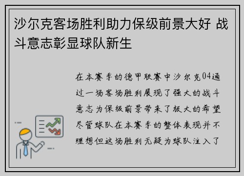 沙尔克客场胜利助力保级前景大好 战斗意志彰显球队新生
