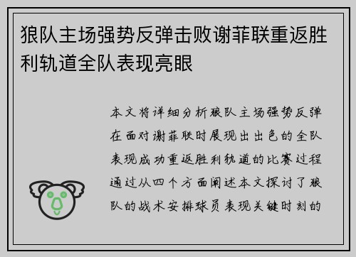 狼队主场强势反弹击败谢菲联重返胜利轨道全队表现亮眼
